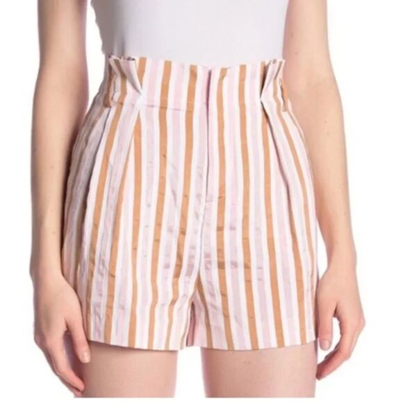 Frame Pleated Pink White Brown Striped Shorts High waisted Size 8 - Picture 1 of 7